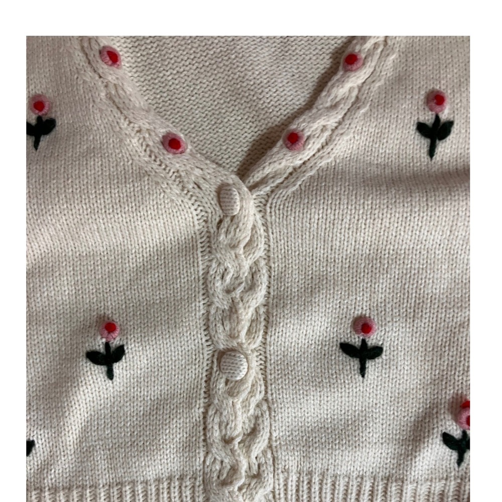 Cropped Cardigan Cream Floral Embroidered Short Sleeve Small Cottagecore Teacher - Picture 5 of 7